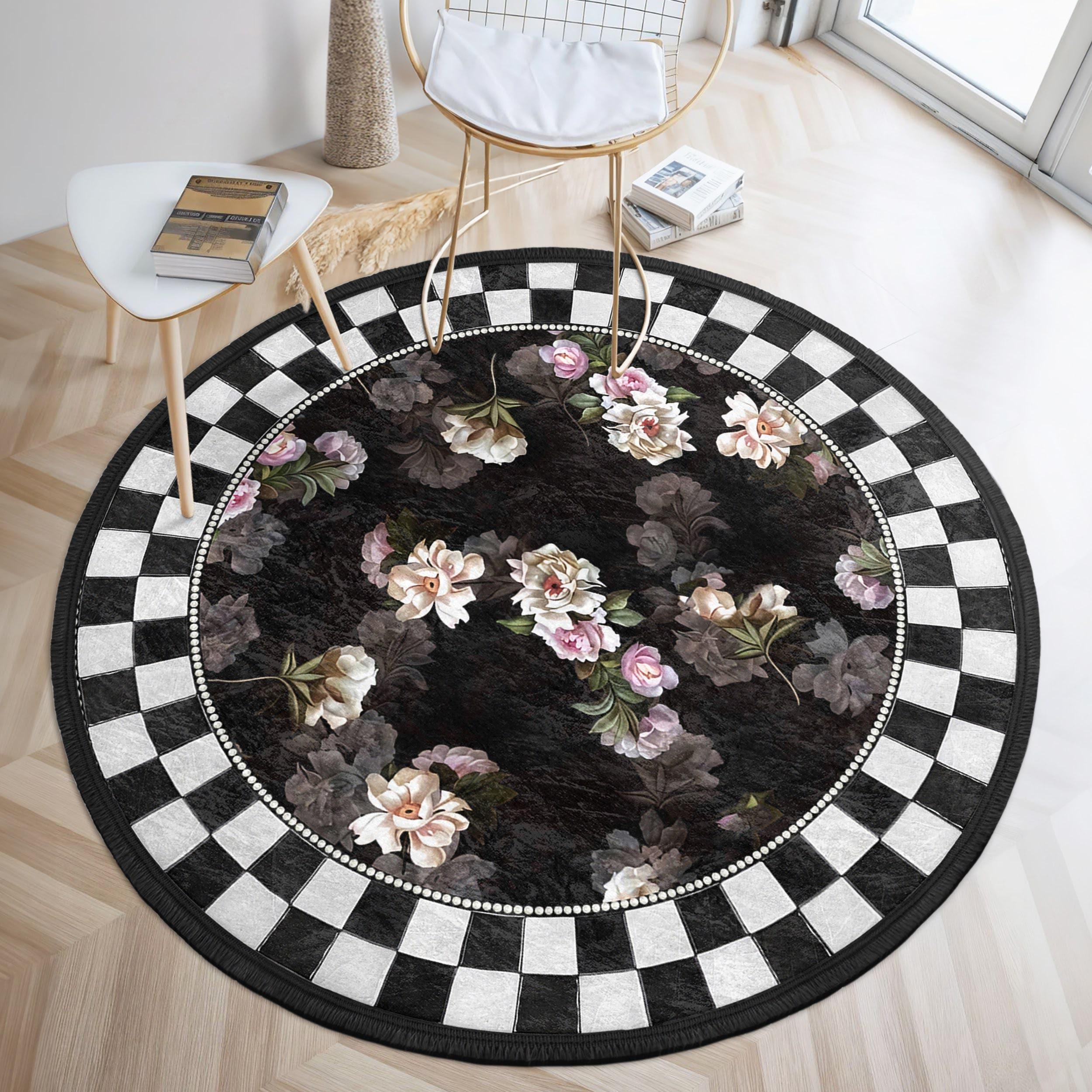 Vintage Floral Black Round Rug - Checkerboard Edge Circle Mat