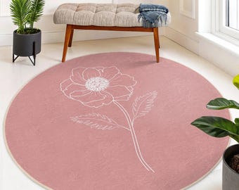 Floral Blush Pink Round Rug - White Flower Line Art Circle Mat