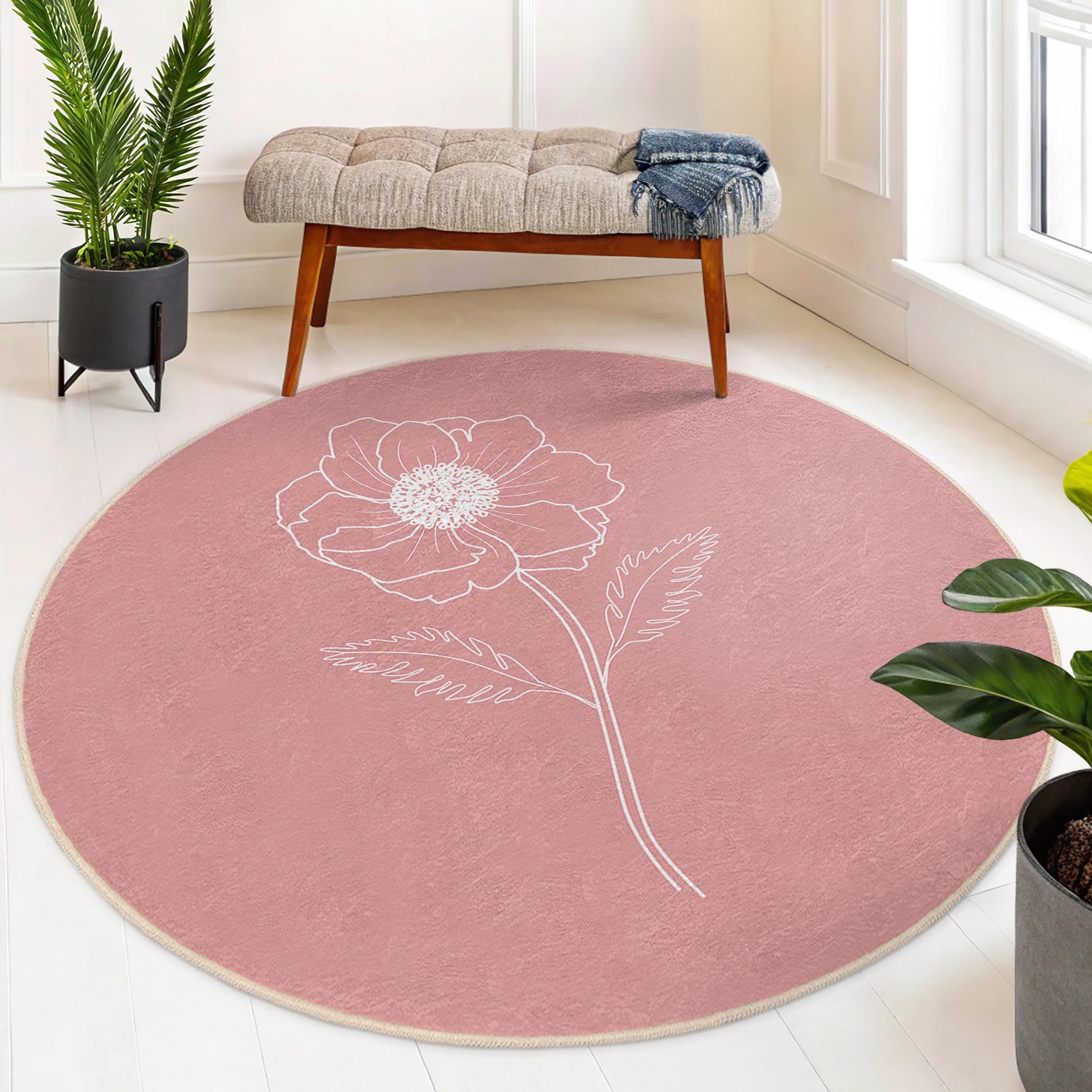 Floral Blush Pink Round Rug - White Flower Line Art Circle Mat
