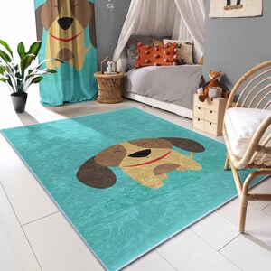 Cute Puppy Design Rug - Turquoise Cartoon Dog Mat - Colorful Kids Room Carpet - Adorable Nursery Area Rug - Fun Playmat for Children