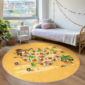 Tapis rond Pirate Treasure Adventure - Tapis de piste de jeu Palm Island - Tapis rond pour salle de jeux carte au trésor - Tapis rond pour enfants jaune
