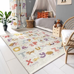 Alfombra con letras del alfabeto para habitación de niños, alfombra educativa colorida, alfombra decorativa para sala de juegos, alfombra lavable con animales para el área preescolar, alfombra de aprendizaje para niños