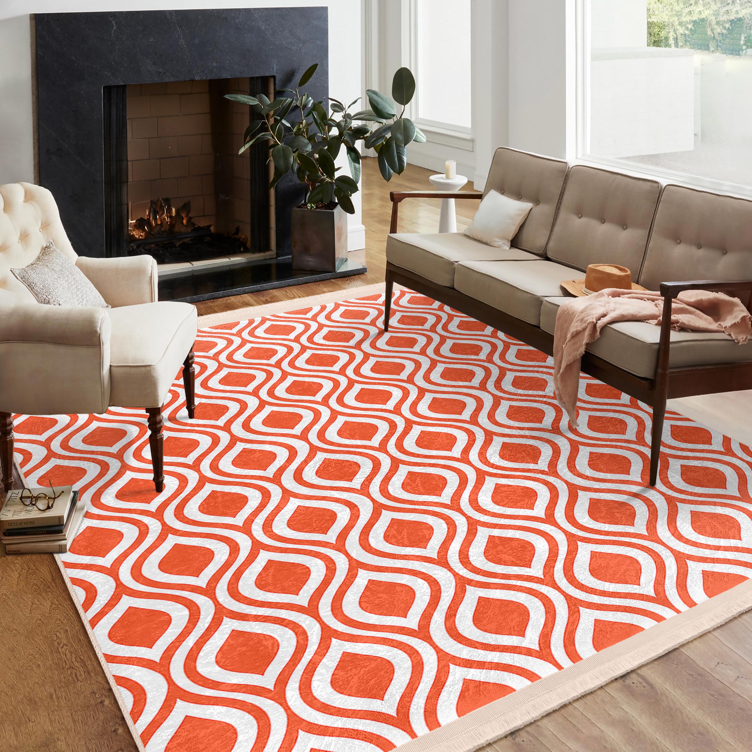 オレンジの曲線的なレトロアクセントラグ - 波型ダイヤモンドパターン