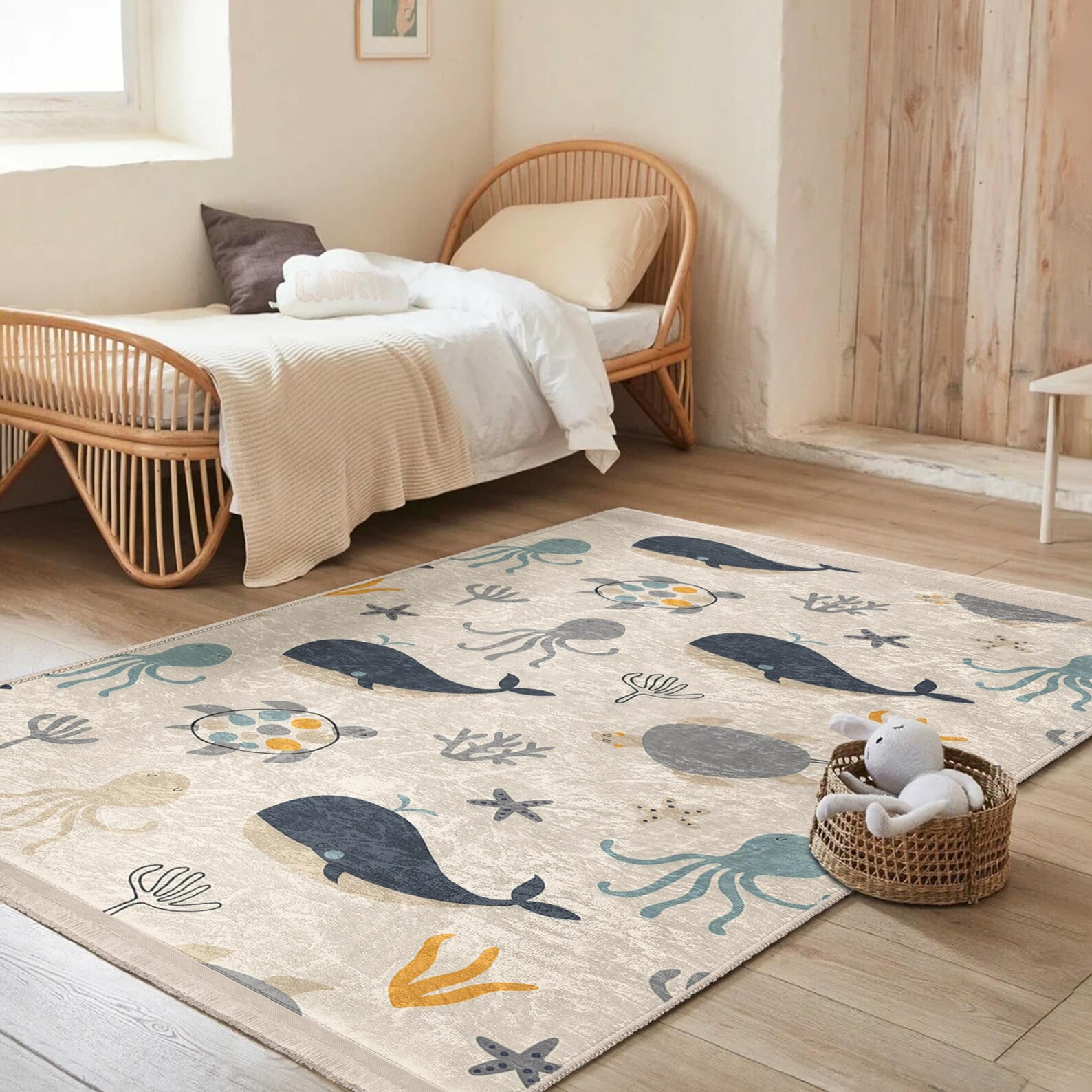 Undersea Creatures Kids Room Rug - Sea Life Octopus Whale Nursery Decor ...