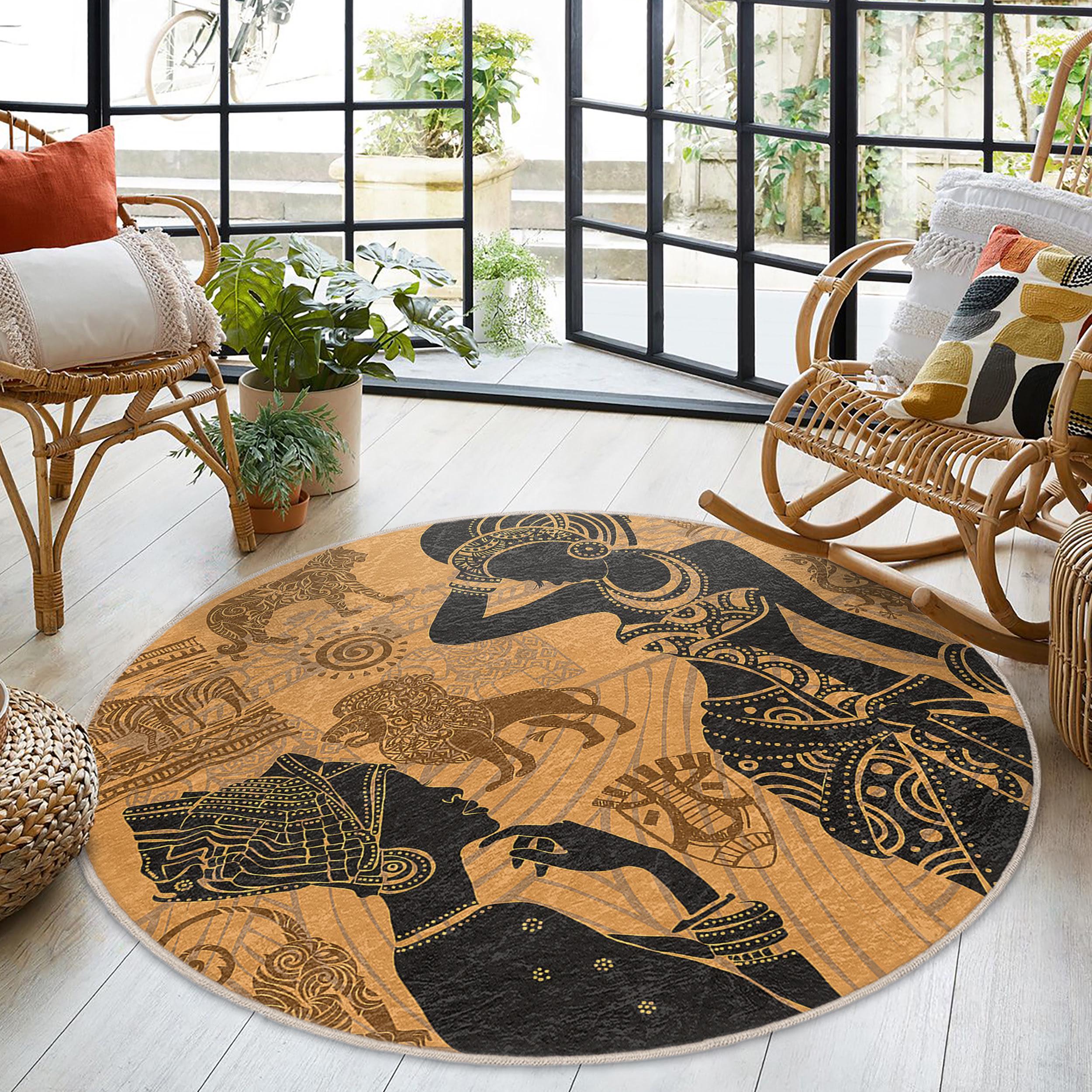 African Silhouette Art Round Rug -african Tribal Pattern Circle Area ...