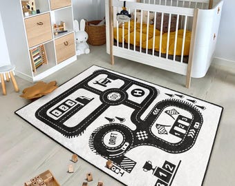 Race Track Kids Rug - Monochrome Road Pattern Mat - Black White Play Mat - Nursery Accent Rug -Washable Anti-Slip Carpet-Car Themed Area Rug