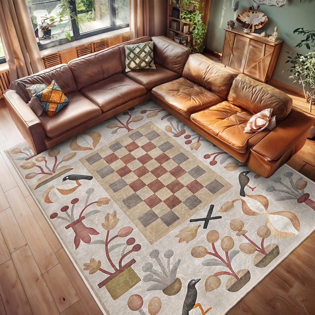 Checkered Birds Area Rug - Floral Beige Accent Rug-artistic Non Slip ...