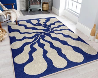 Flowing Blue Ripple Area Rug-Abstract Organic Design Carpet-Modern Living Room Square Rug-Contemporary Home Accent Mat-Curved Pattern Runner
