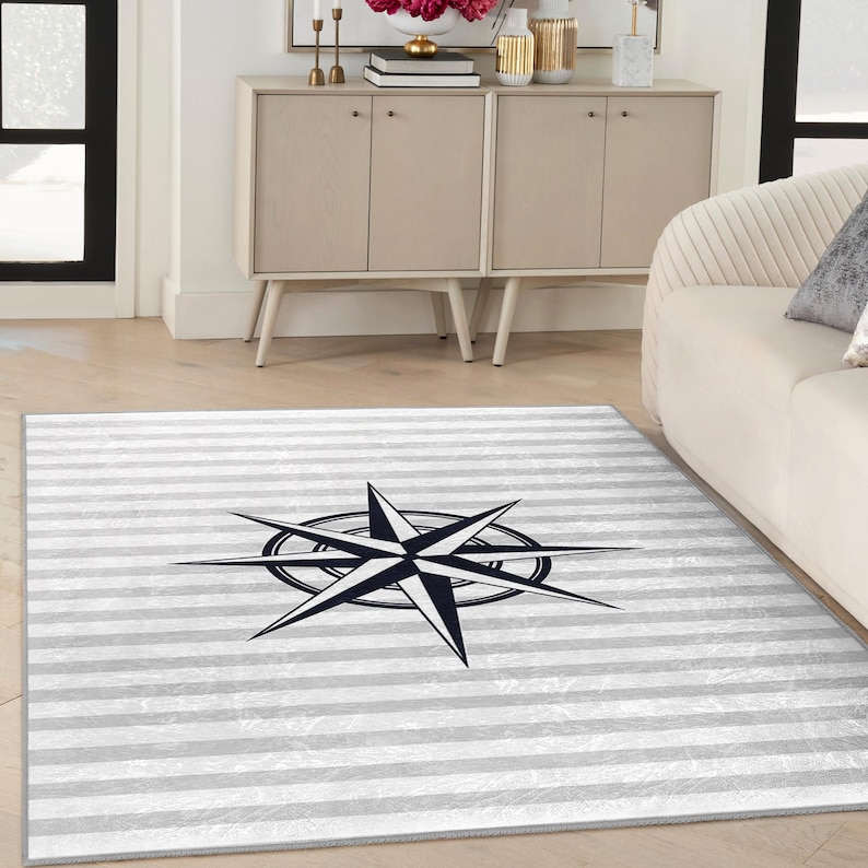 Blue Compass Rug Nautical Compass Striped Area Rug - Blue Star Design Accent Carpet ...