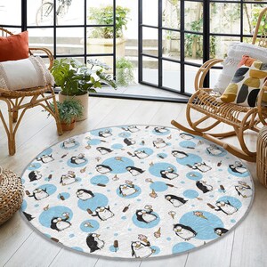 Alfombra redonda azul con diseño de pingüino helado - Alfombra circular con diseño de pingüino de dibujos animados - Alfombra redonda extravagante para sala de estar - Alfombra ovalada con temática de pingüino - Alfombra decorativa para niños