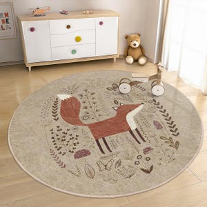 Natürliche Waldfuchs Kinderzimmer Rund Teppich -Waldtiere Naturszene Kreis Teppich-Bezaubernde Spielzimmer Matte-Erdige Kinderzimmer Dekor-Waschbarer Teppich