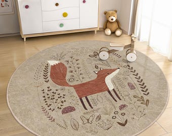 Natural Woodland Fox Kid's Room Round Rug -Forest Animals Nature Scene Circle Carpet-Adorable Playroom Mat-Earthy Nursery Decor-Washable Rug