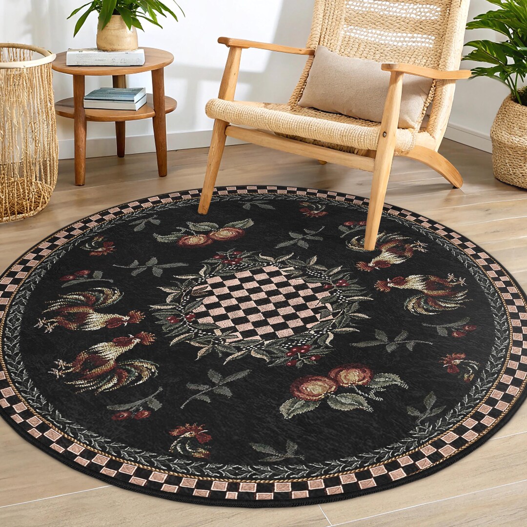 Checkerboard Rooster Round Rug - Floral French Pattern Circle Carpet ...
