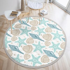 Seashell Oval Rug Aqua Starfish Seashell Round Rug -ocean Beach Motif Area Rug-coastal ...