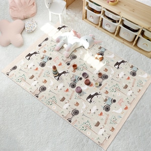Kinder Bauernhof Tier Spielteppich - Bauernhof Natur Tier Teppich-Kinderzimmer Akzent Teppich-Fun Beige Teppich-Spielzimmer Teppich-Jungen Mädchen Bodenmatte