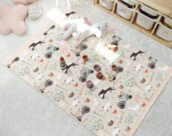 Children's Farm Animal Play Rug - Farmyard Nature Animal Carpet-Kids Room Accent Rug-Fun Beige Carpet-Playroom Area Rug-Boys Girls Floor Mat