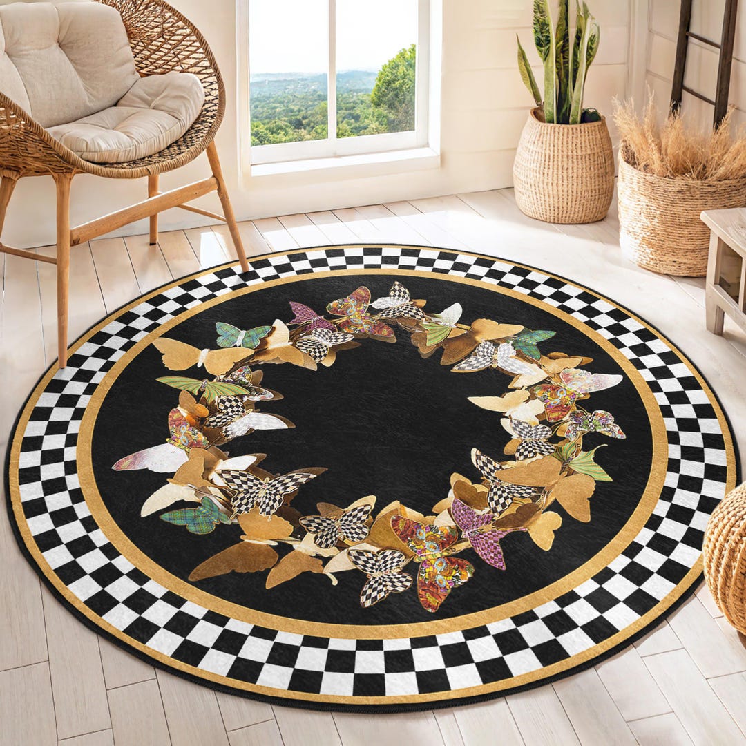 Colorful Butterfly Black Round Rug - Checkerboard Floral Accent Circle ...