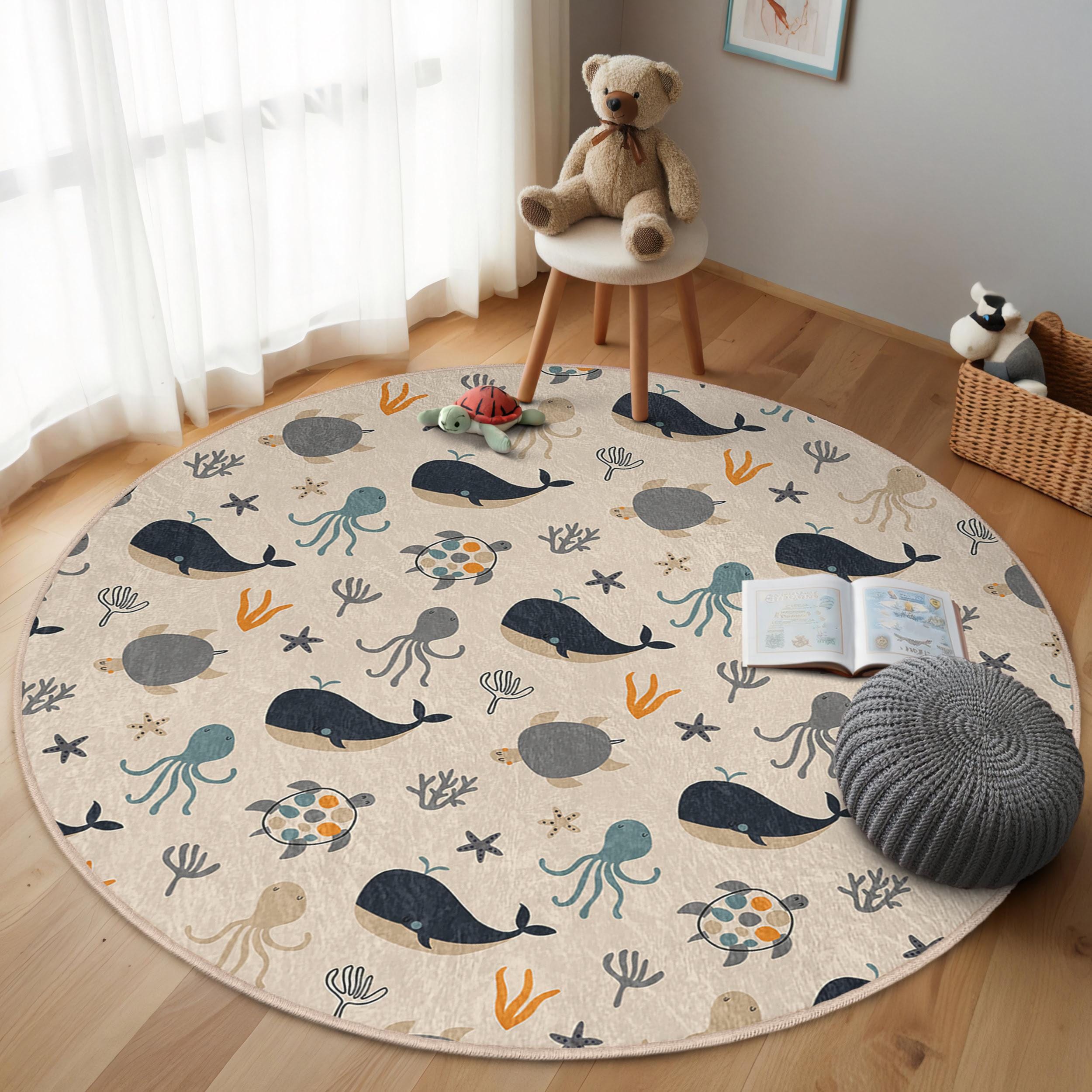 Sea Creature Kids Room Round Rug - Whale Octopus Turtle Circle Carpet -  Ocean Nursery Circle Mat - Anti-slip Playroom Mat-beige Washable Rug - Etsy
