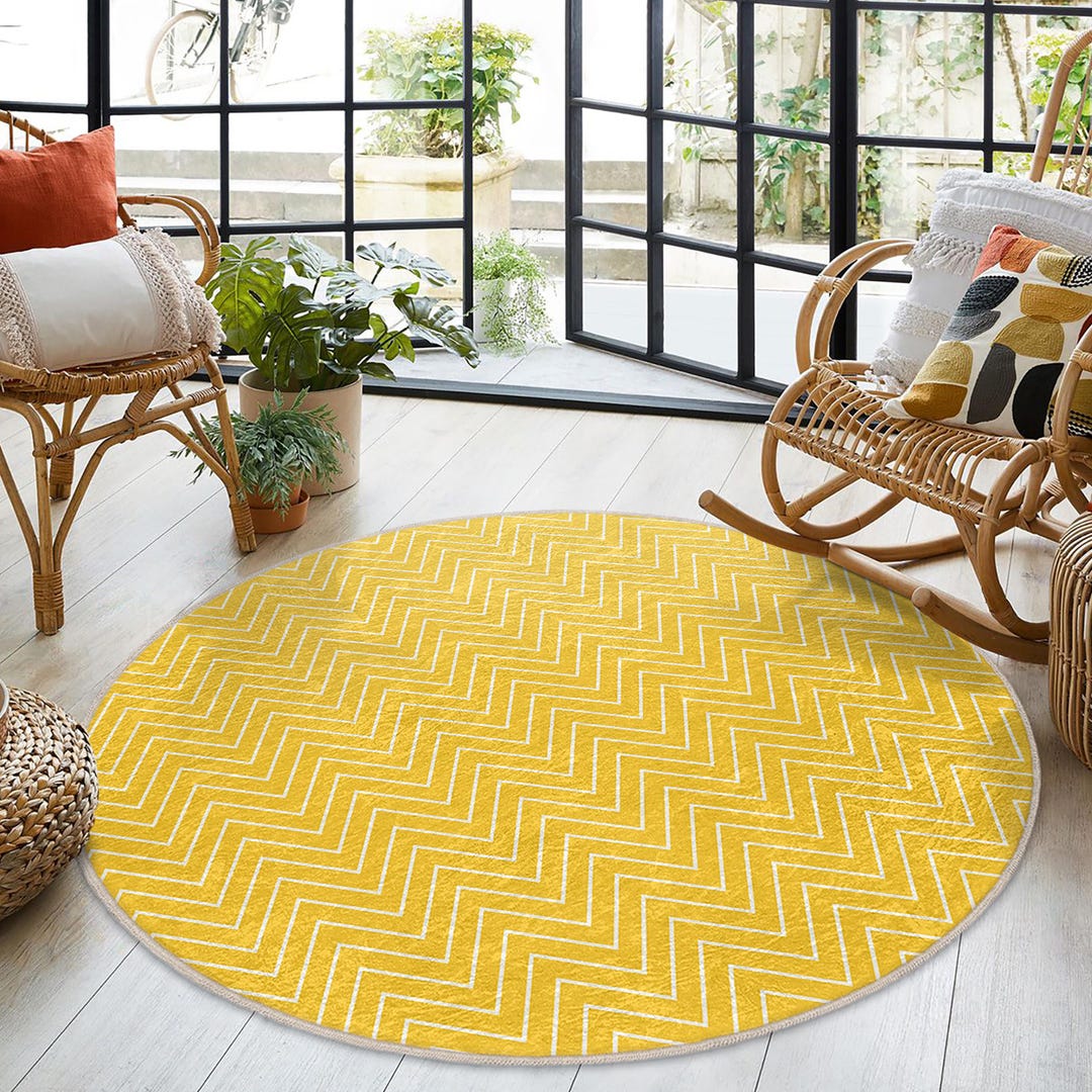 Yellow Zigzag Pattern Round Rug -chevron Design Circle Carpet-vibrant ...