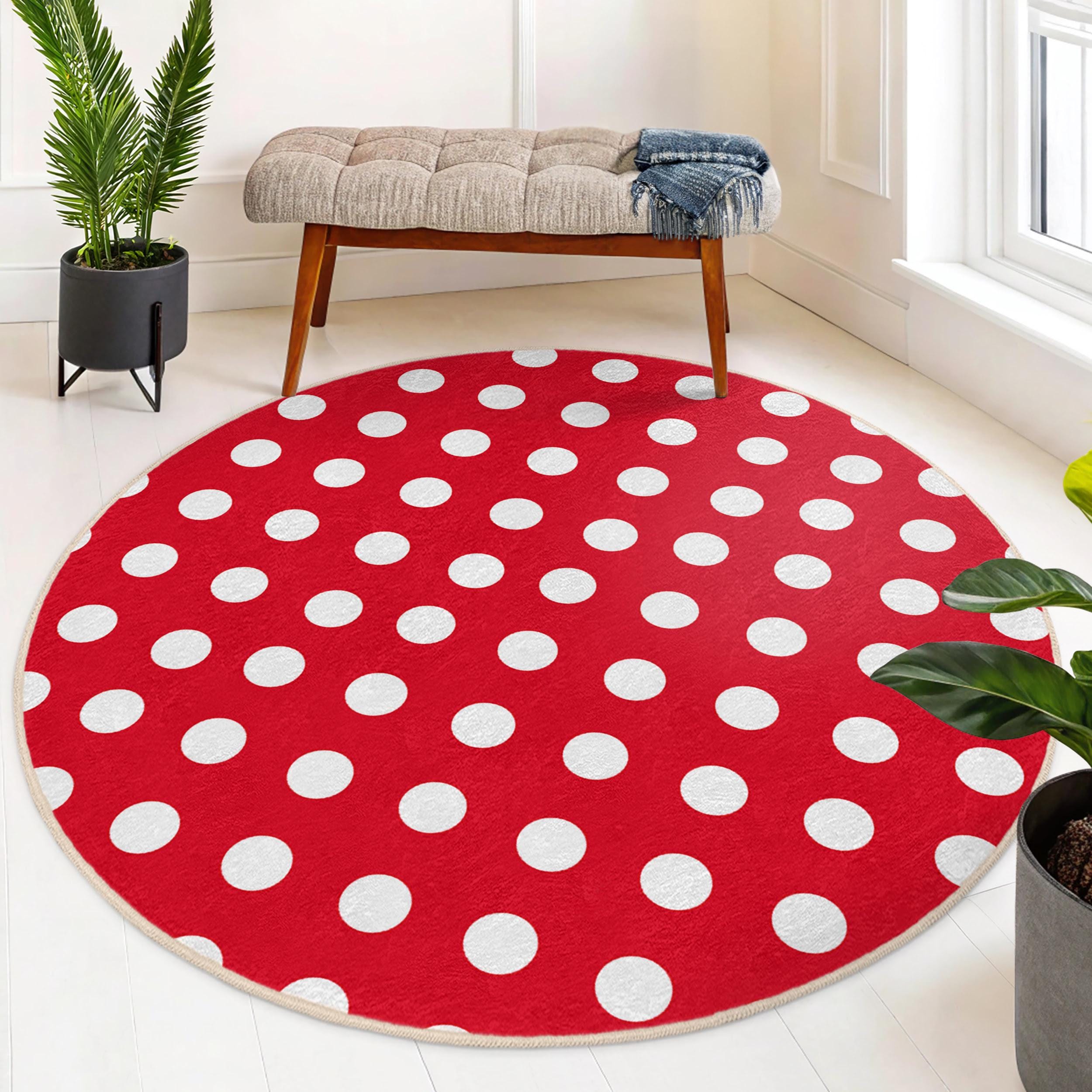 Red Polka Dot Pattern Round Rug - White Dot Vibrant Design Circle ...