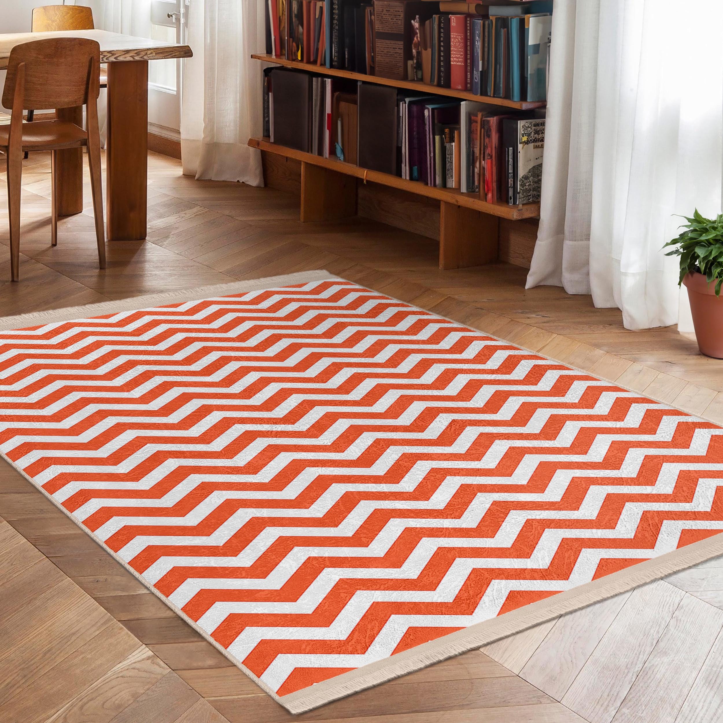 ジグザグオレンジエリアラグ - ホワイトシェブロンカーペット - カーブ