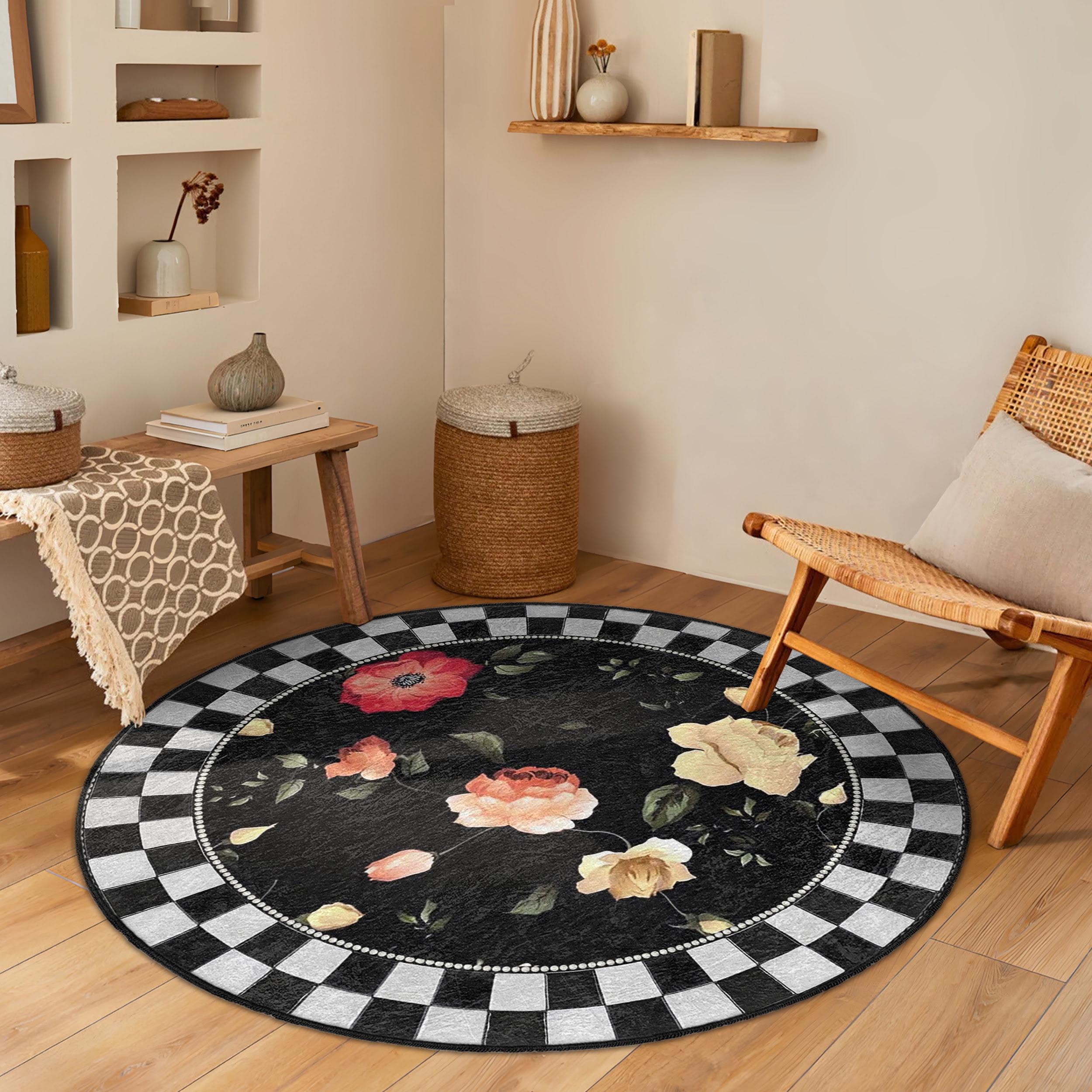 Elegant Floral Checkered Round Rug - Vintage Floral Circle Carpet ...