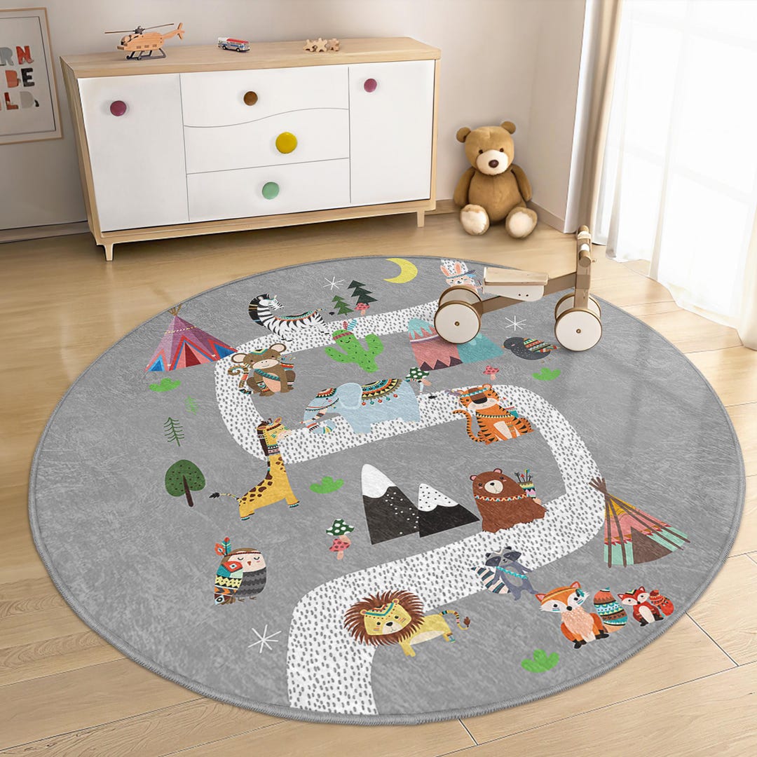Animal Adventure Pathway Kids Room Round Rug-jungle Safari Animals ...
