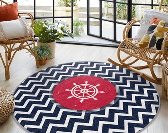 Nautical Round Rug|non-slip Round Carpet|striped and Zigzag Anchor