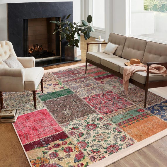 Vintage Patchwork Area Rug - Multicolor Floral Accent Rug - Boho