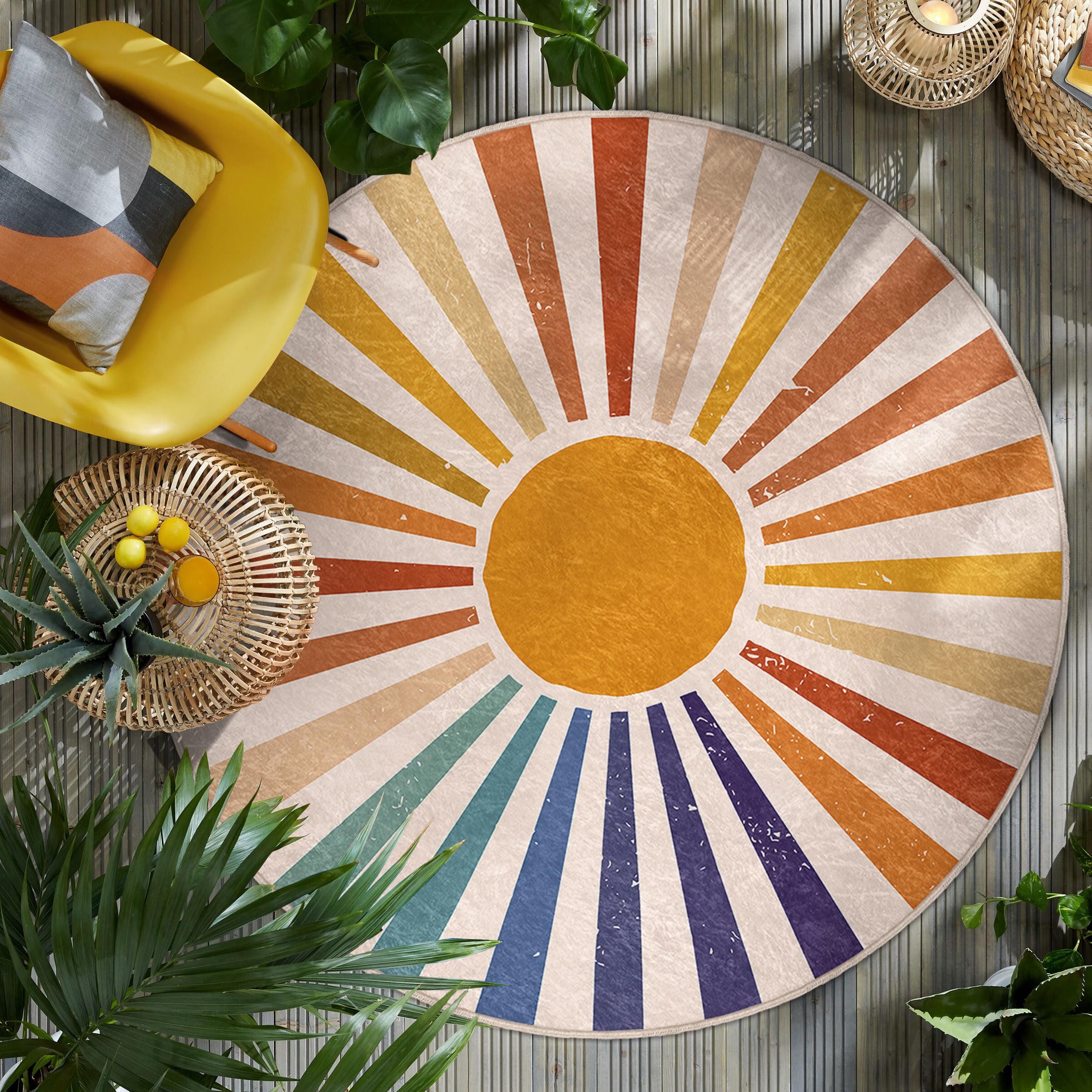 Radiant Sunburst Design Round Rug - Colorful Rays Circle Carpet ...