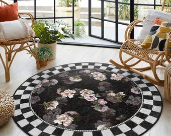 Vintage Floral Black Round Rug - Checkerboard Edge Circle Mat
