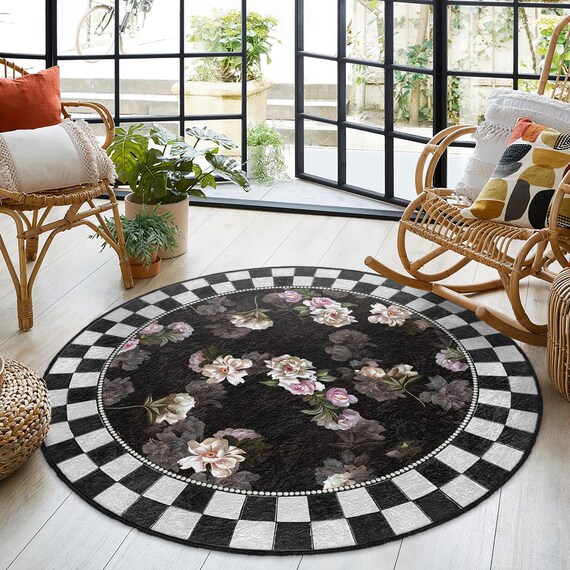 Vintage Floral Black Round Rug - Checkerboard Edge Circle Mat