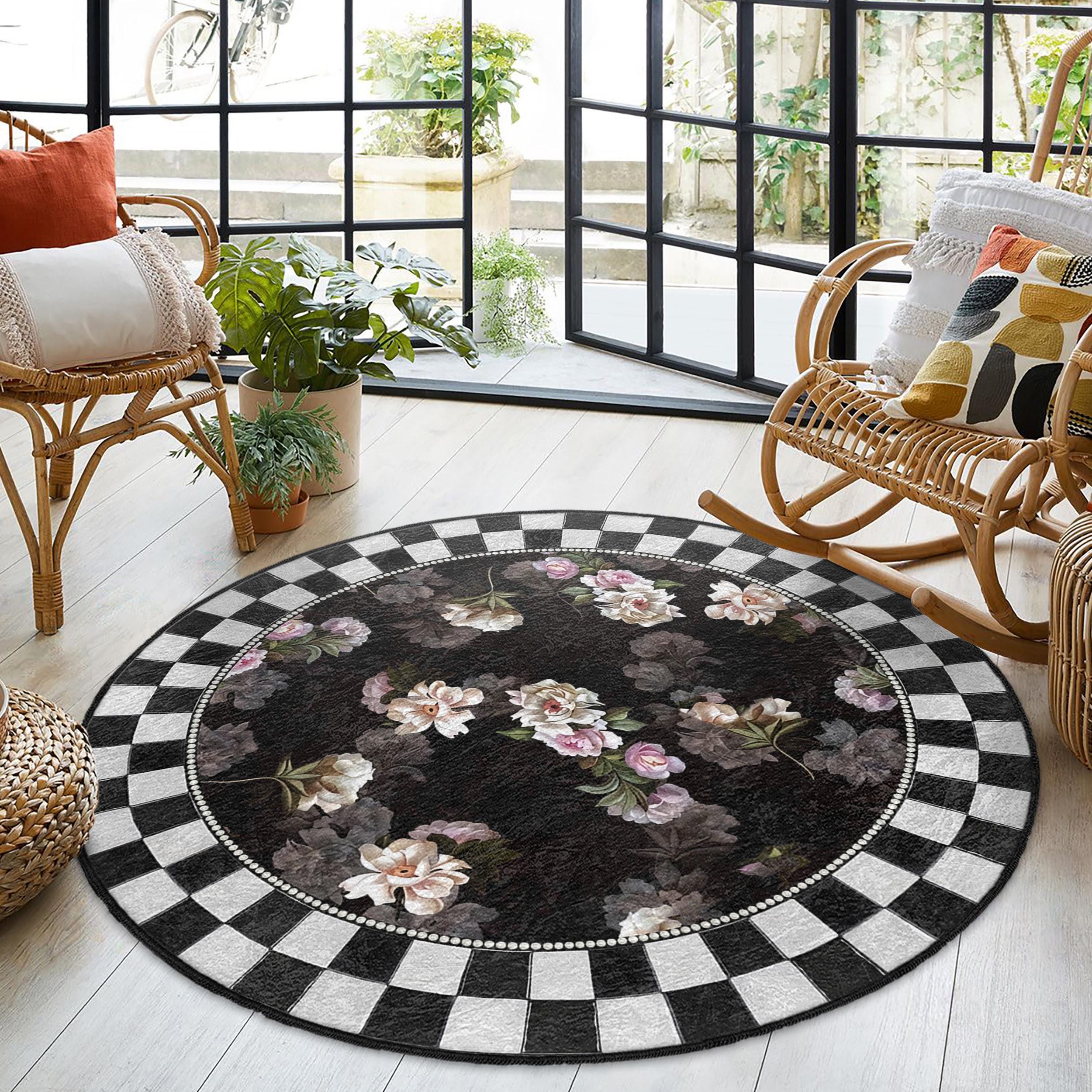 Vintage Floral Black Round Rug - Checkerboard Edge Circle Mat