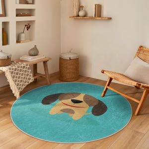 Joyful Puppy Aqua Round Rug - Cute Dog Cartoon Circle Carpet-Turquoise Cute Round Accent Rug-Playful Oval Mat-Colorful Animal Round Area Rug