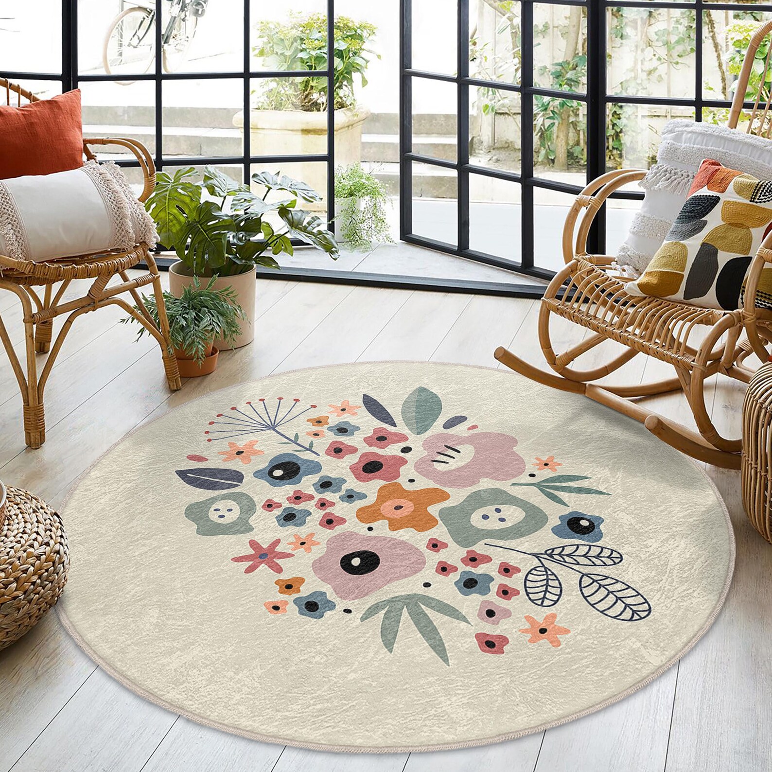 Pattern Floral Whimsical Rug Whimsical Floral Pastel Round Rug - Blooming Botanical Pattern Circle ...