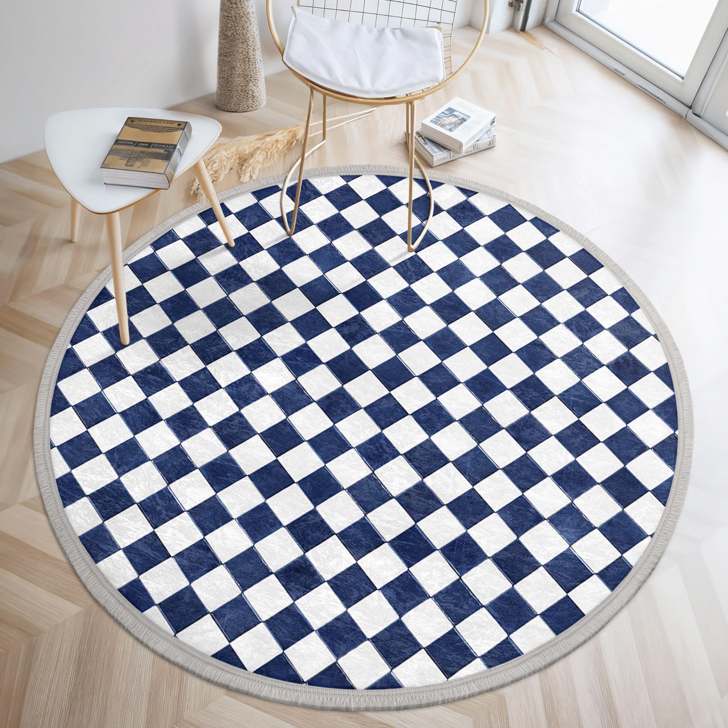 Blue White Checkered Round Rug-diamond Grid Mozaic Circle-vintage