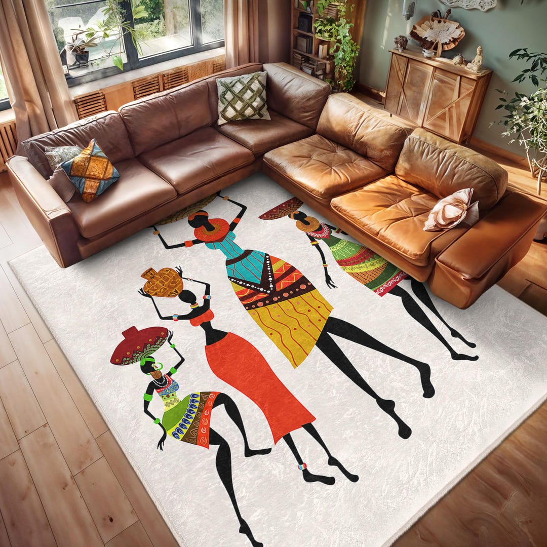 African Women Area Rug Bold Colorful Figures Accent Carpet tribal African Women Area Rug Bold Colorful Figures Accent Carpet tribal