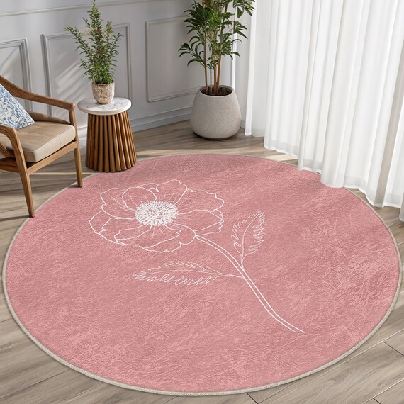 Floral Blush Pink Round Rug - White Flower Line Art Circle Mat