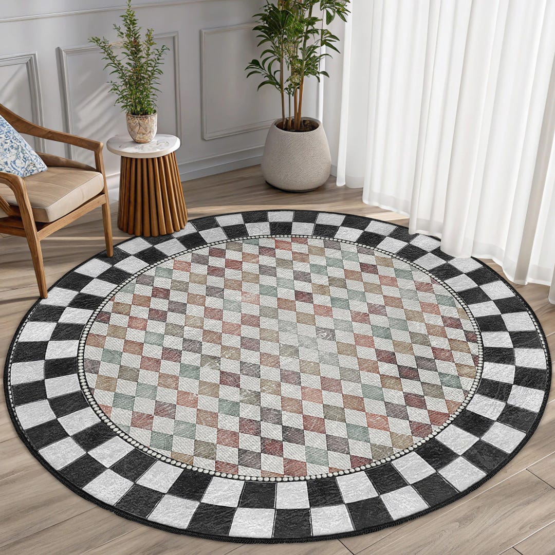 Checkerboard Diamonds Round Rug - Black White Border Circle Carpet ...