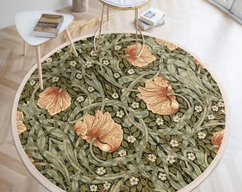 Wiliam Morris Style Round Rug-Green Leafy Floral Circle Carpet-Vintage Style Accent Rug-Washable Round Mat-Boho Home Decor Circle Mat