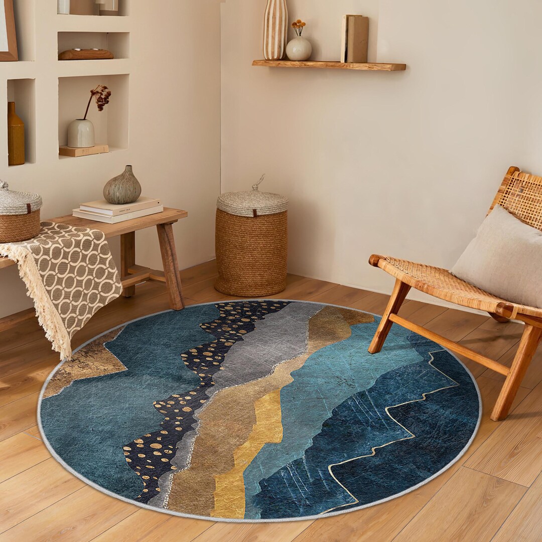 Rustic Modern Blue Beige Round Rug - Wave Accent Circle Mat - Artsy ...