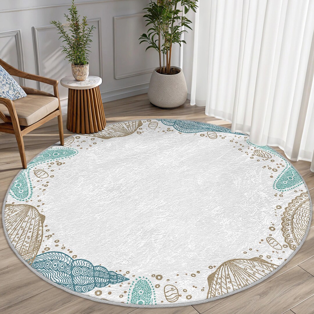 Abstract White Seashell Round Rug - Nautica Sellfish Design Circle