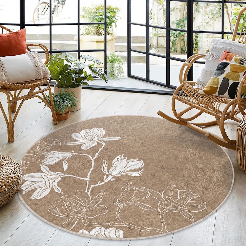 White Magnolia Floral Round Rug - Nature Inspired Flower Circle Mat ...