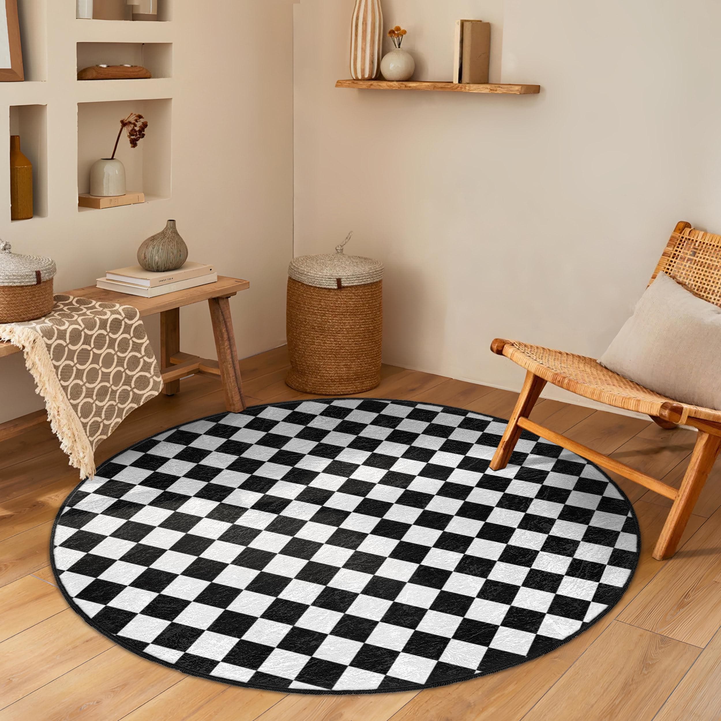 ラグ・カーペット Kyne Stamp Circle Rug by ROOM Black Checkered Black White Round Rug -geometric Square Pattern Circle
