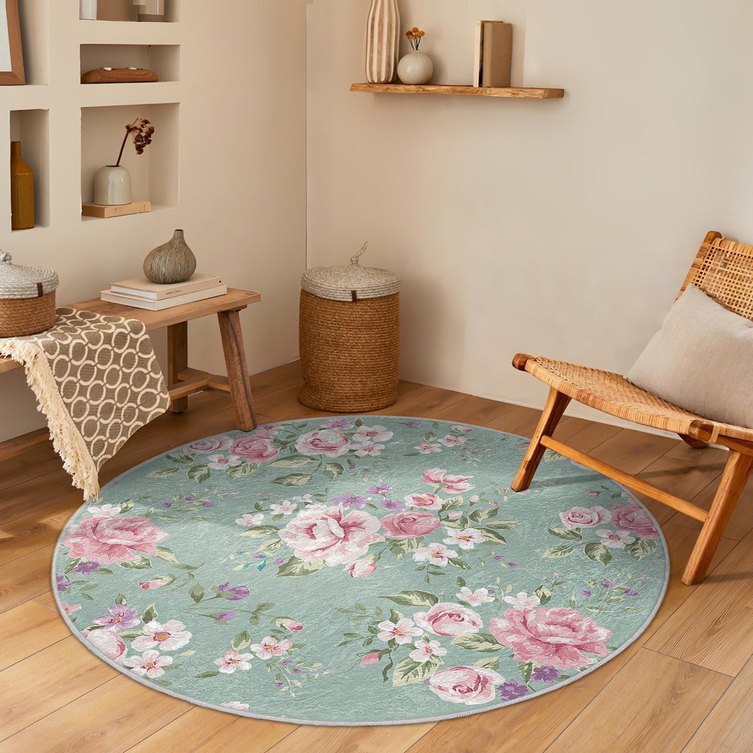 Shabby Chic Floral Round Rug - Pastel Rose Blooms Round Area Rug