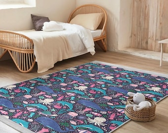 Underwater Creatures Ocean Kid's Rug - Sea Life Whales Octopus Pattern Carpet - Pink Blue Area Rug-Nautical Splash Accent Rug-Playroom Decor