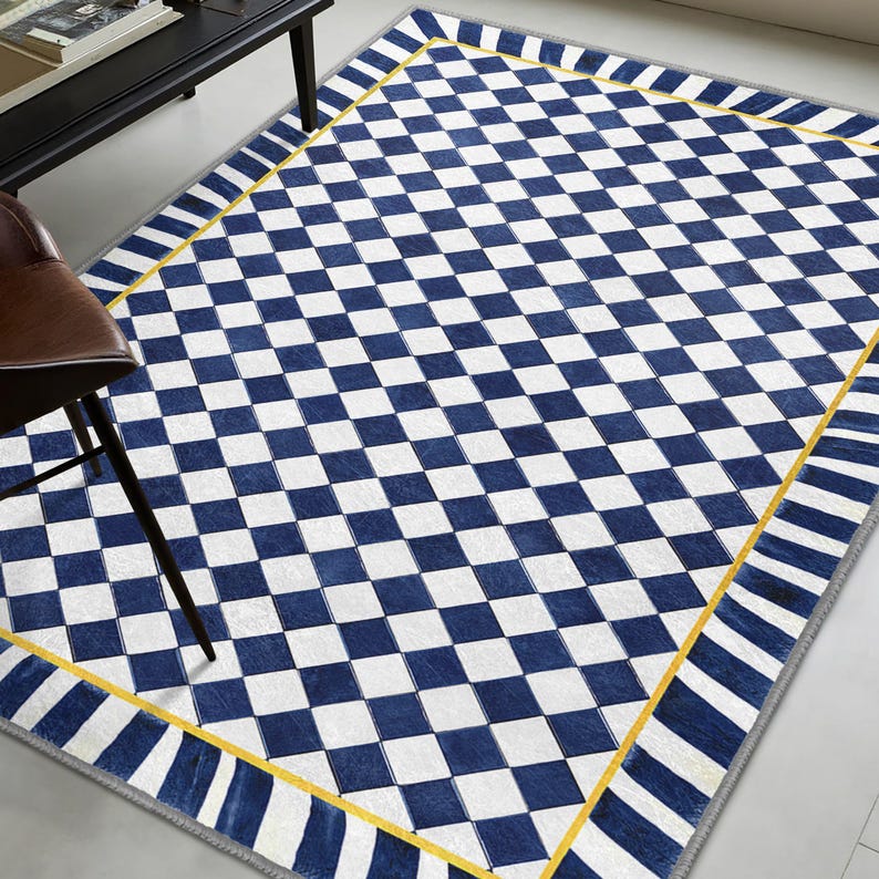 Modern Floor Runner - Navy Patio Mat - Home Accent Carpet Gift