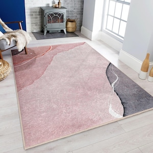 Pink Abstract Area Rug - Modern Muted Tones Carpet - Earthy Minimalist Accent Rug - Living Room Washable Mat - Light Flow Design Runner