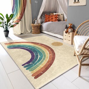 Rainbow Arc Beige Rug - Vintage Boho Rainbow Pattern Mat - Nursery Playroom Carpet-Vibrant Area rug-Colorful Accent Rug-Inspirational Design