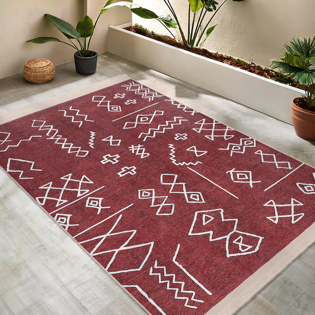 Red Tribal Symbol Area Rug - Geometri...